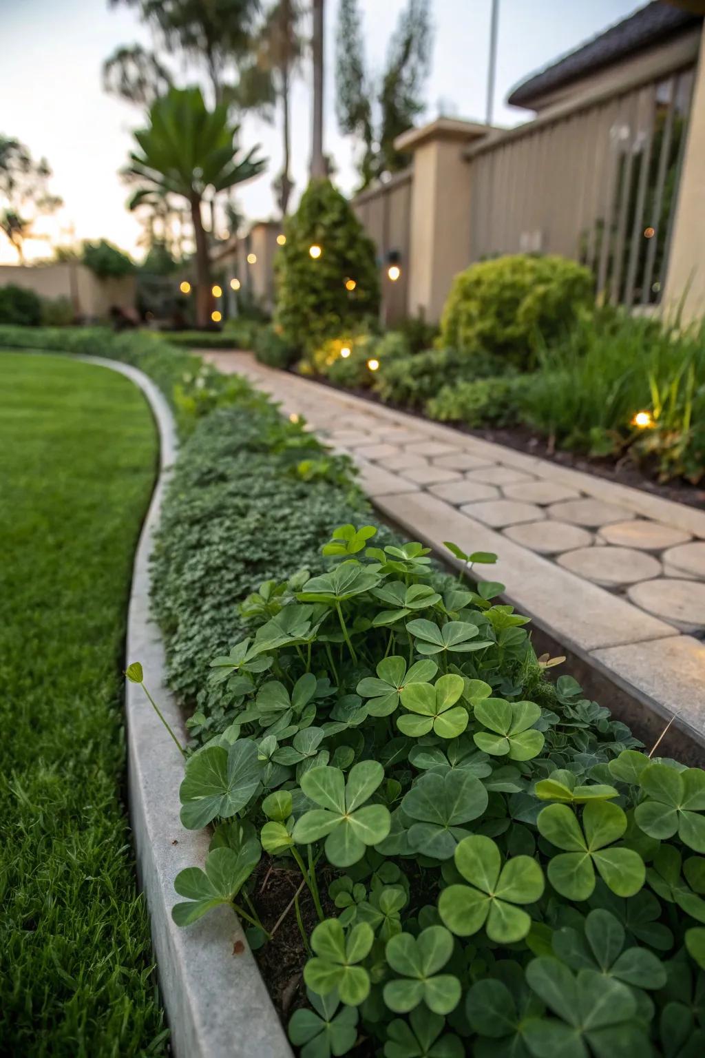 Artificial clover provides a lush, maintenance-free green cover for garden borders.