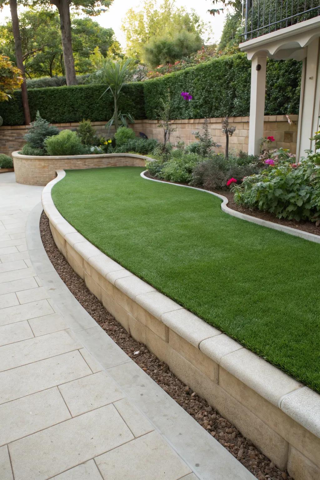 Artificial turf bordered by sleek concrete curbing in a landscaped setting.