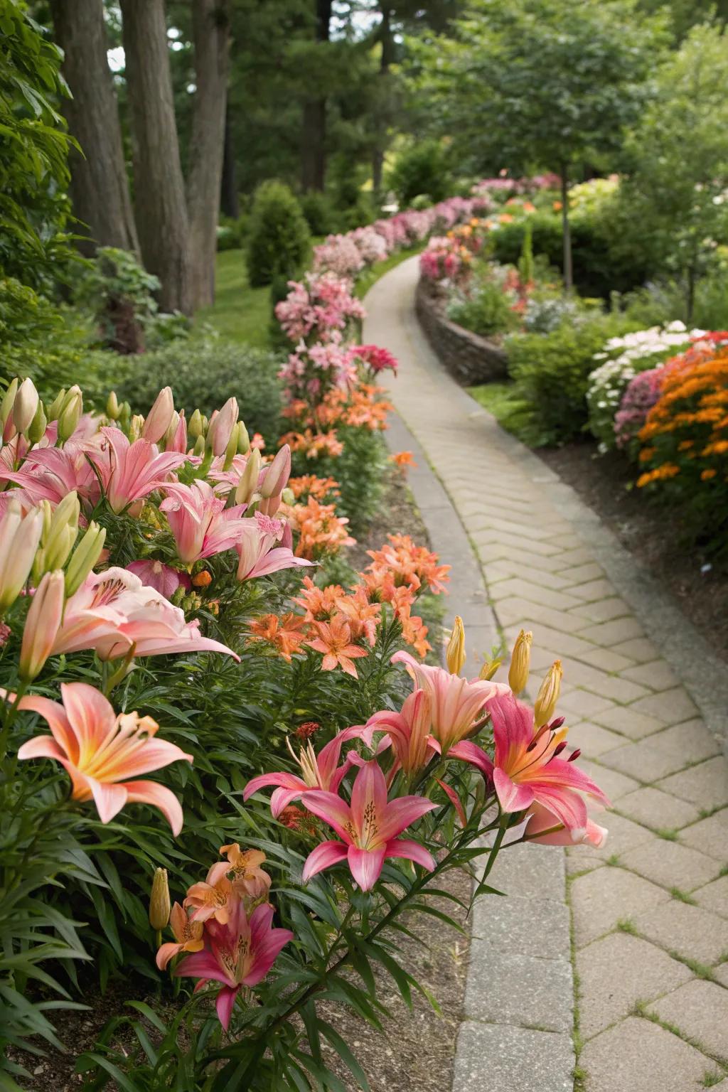 Asiatic lilies defining the edge of a garden pathway.