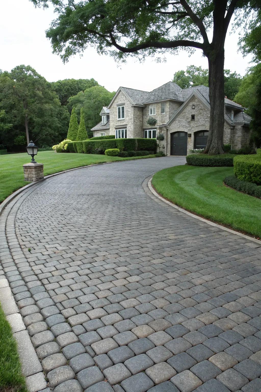 A stamped asphalt driveway with a cobblestone pattern, adding texture and character.