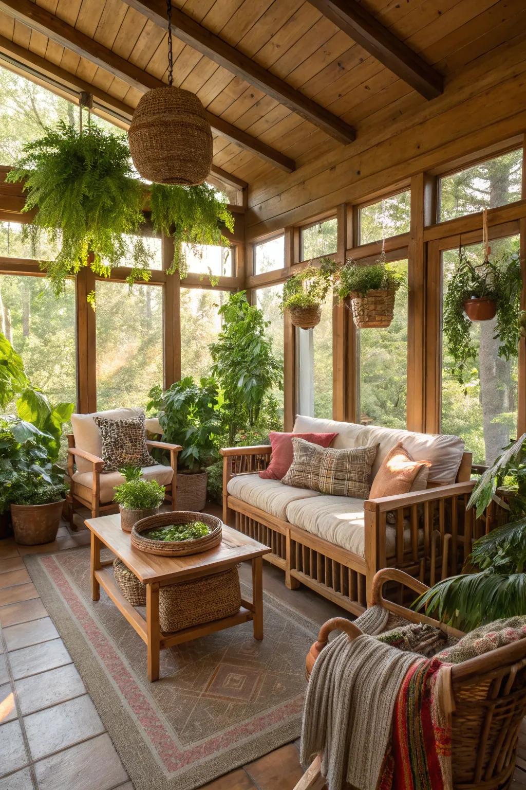 A rustic sunroom with wooden accents and lush greenery