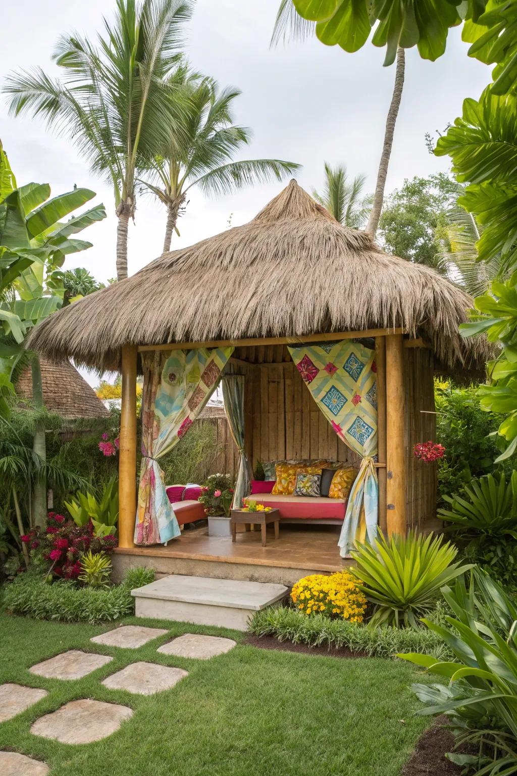A tropical cabana that brings vacation vibes to your backyard.