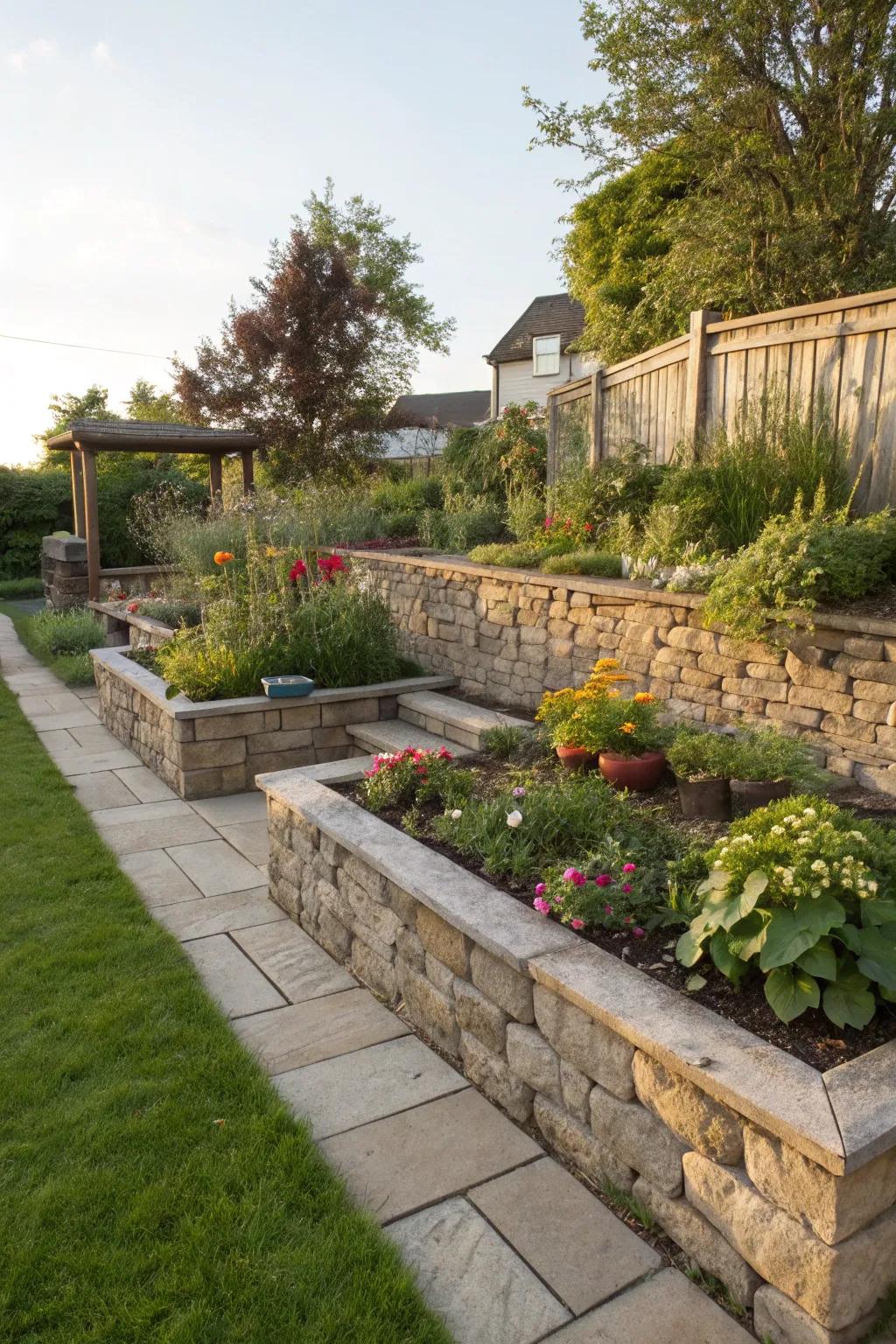 A small retaining wall adds structure and seating to the garden.