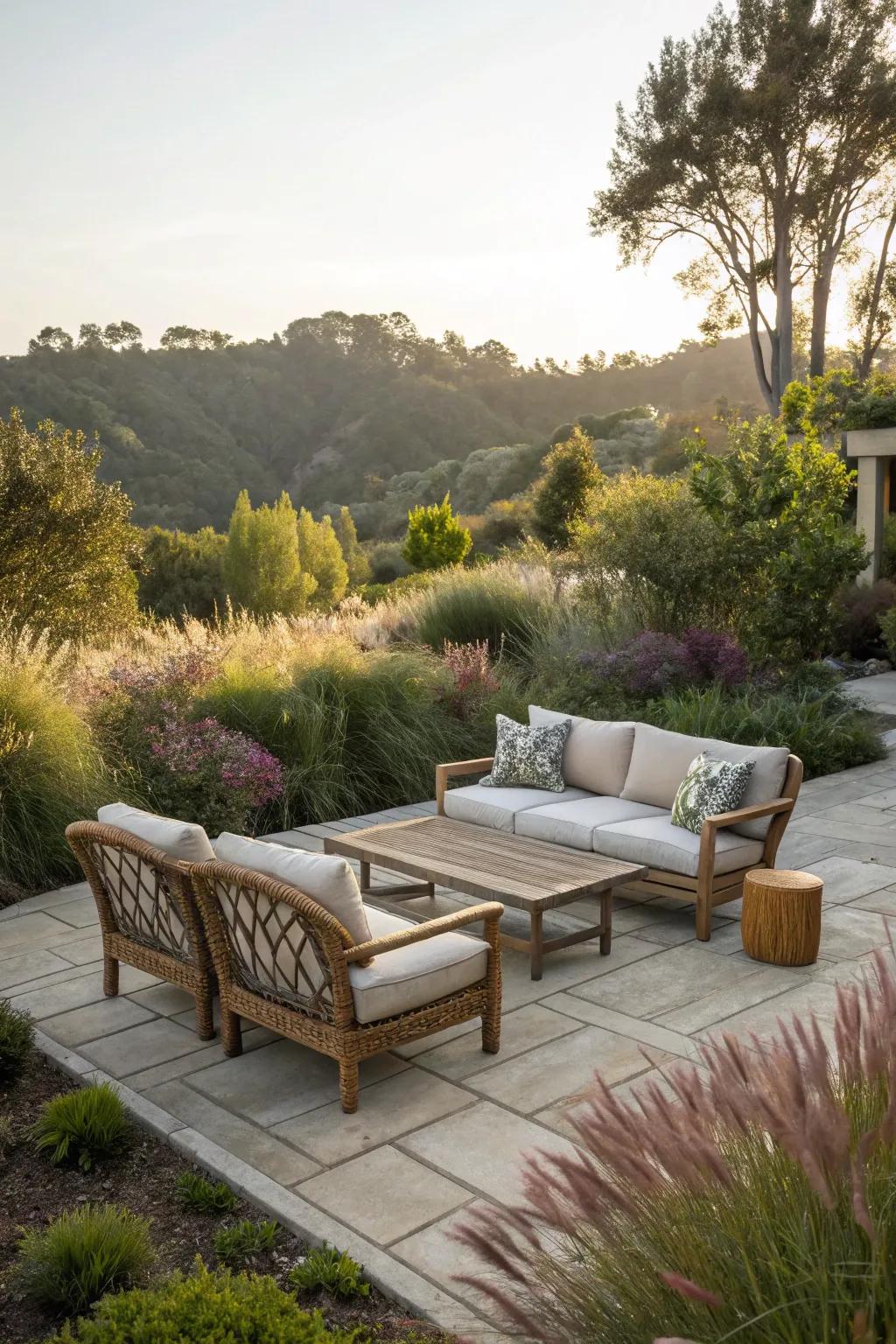 An inviting outdoor living area nestled in a vibrant garden.