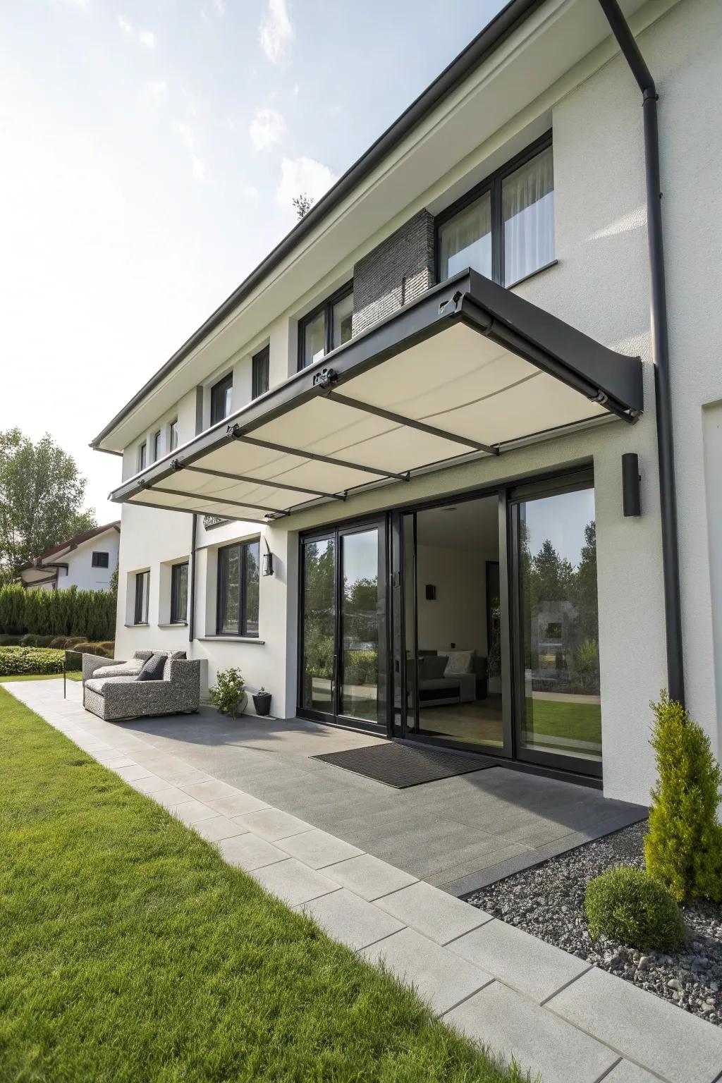 A modern slanted awning enhances contemporary aesthetics.
