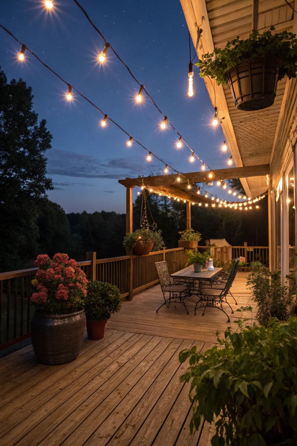 String lights transform your deck into a cozy retreat after dark.