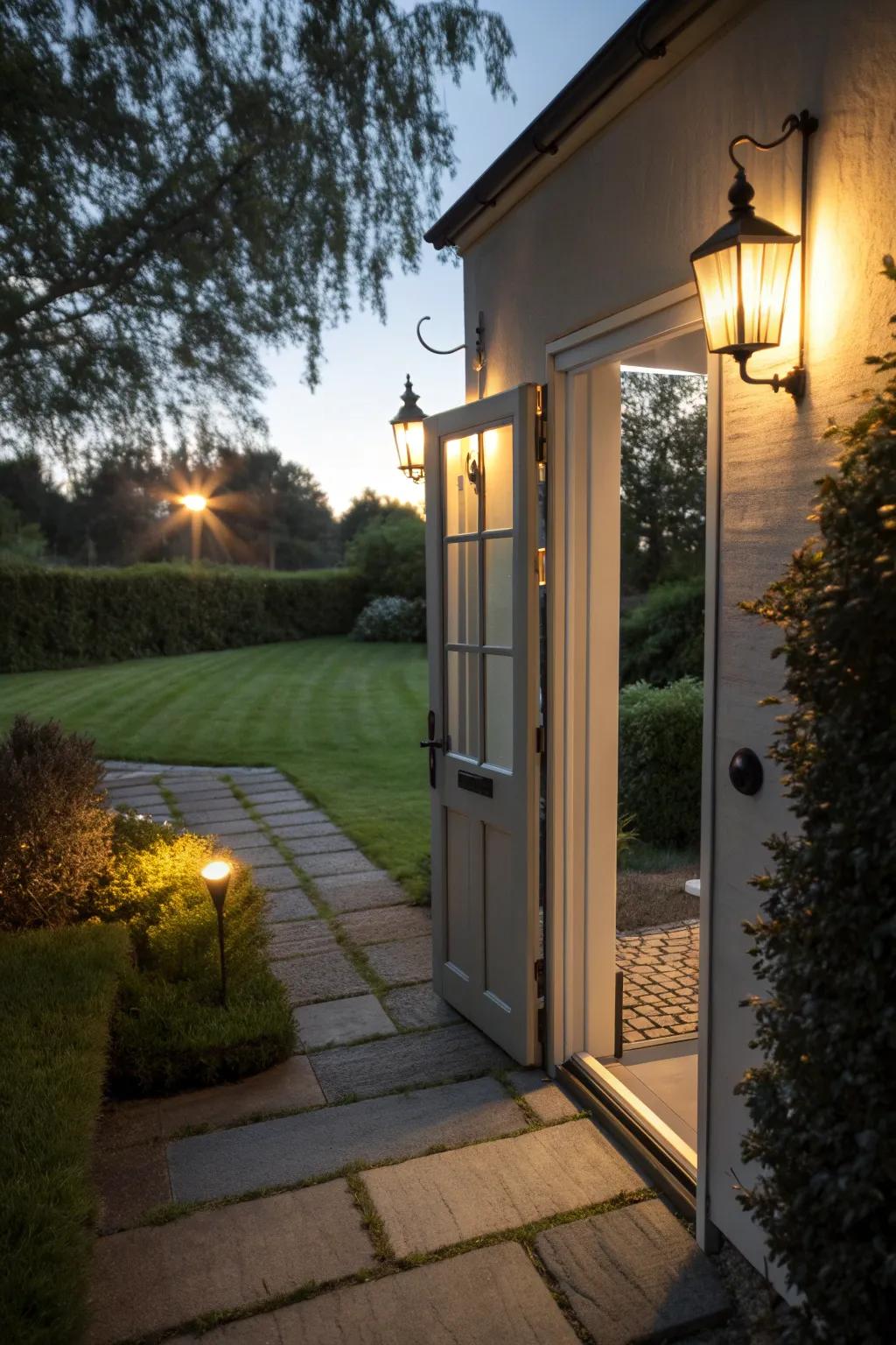 Elegant lighting transforms your back door at night.