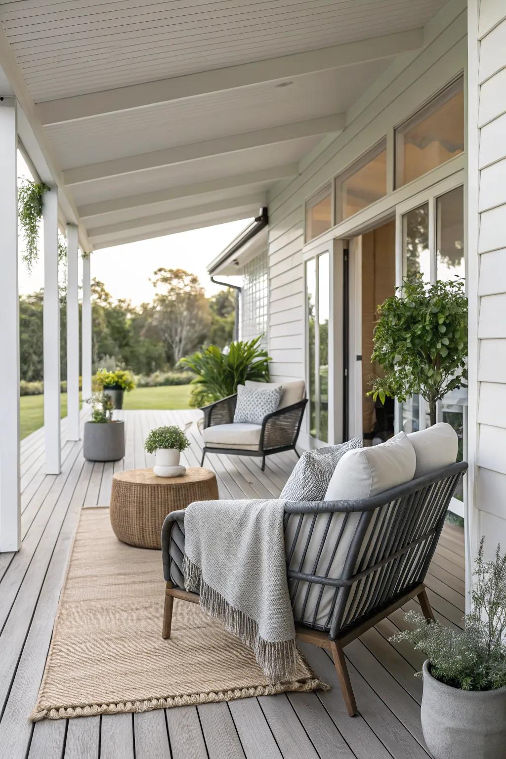 Achieve a sleek look with a modern minimalist porch design.