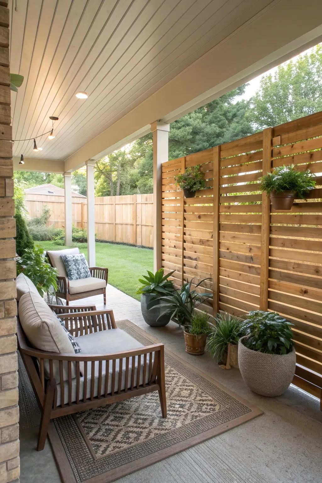 Stylish wooden slats provide privacy while maintaining an open feel.