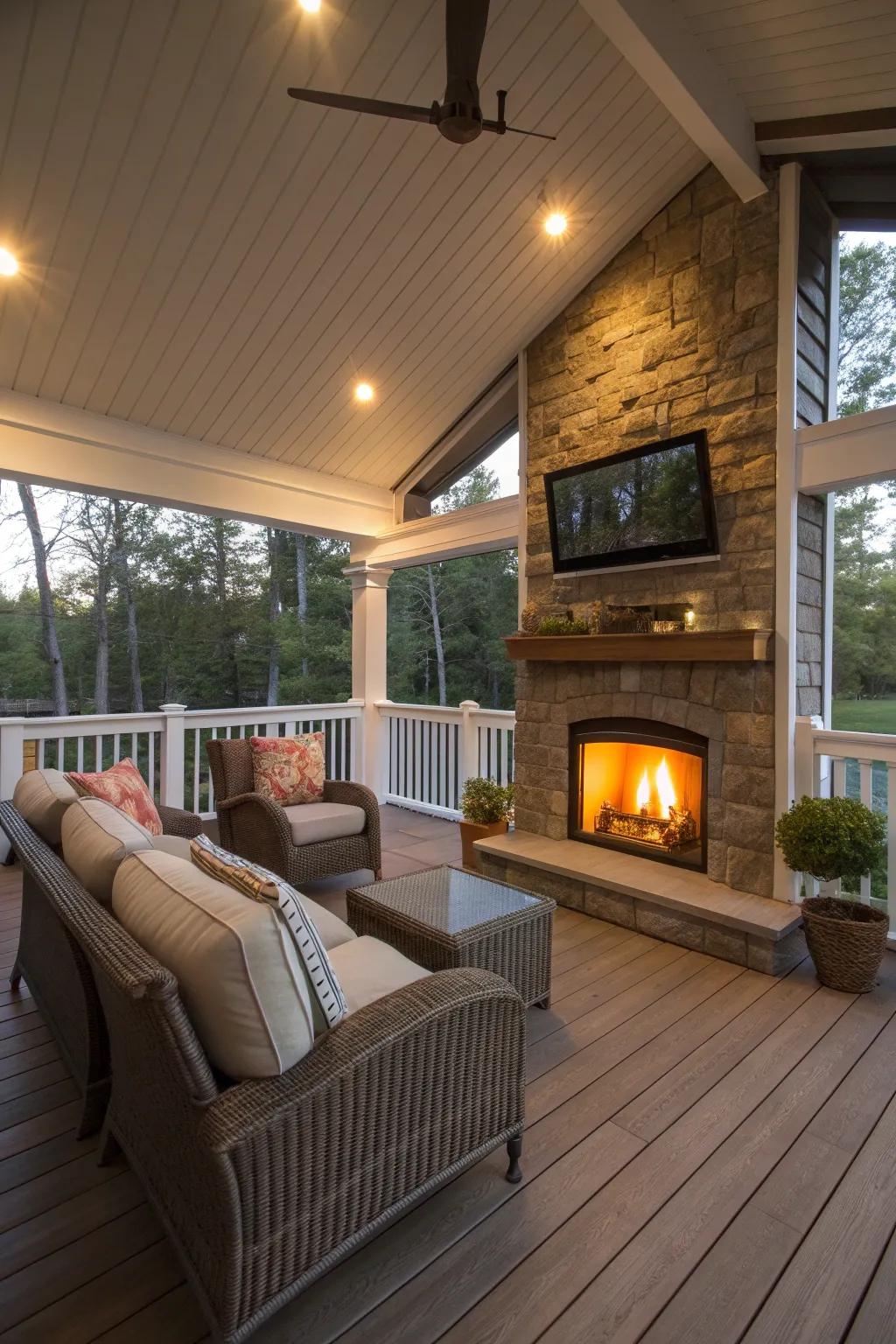 An entertainment hub with a TV above the fireplace.