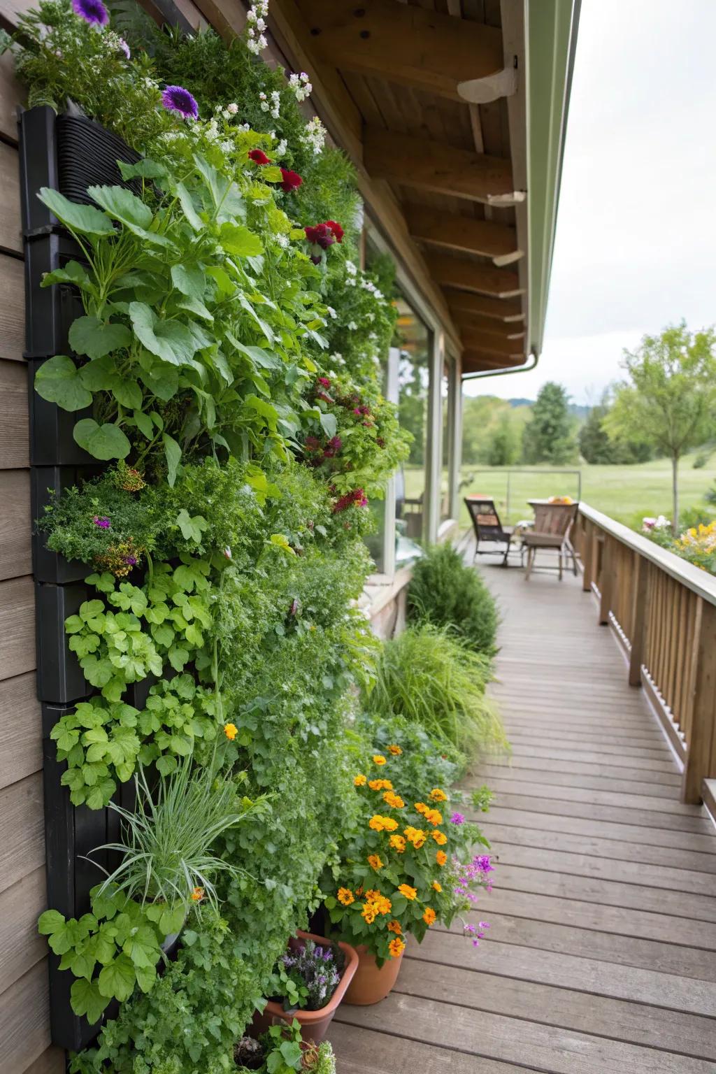 A vertical garden wall maximizes space and adds greenery.