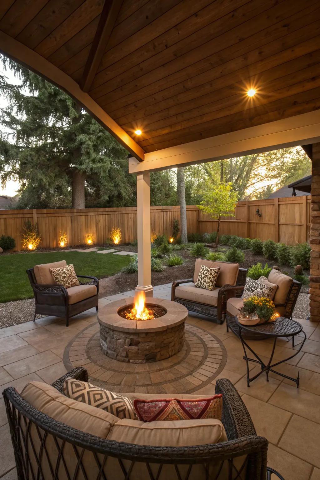 A fire pit serves as a cozy centerpiece for your porch.