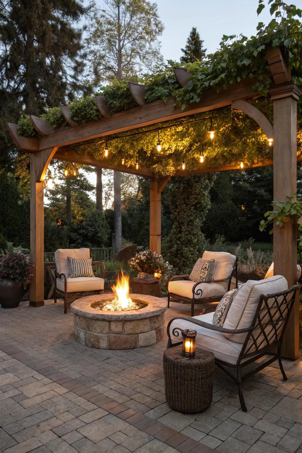 A pergola featuring a cozy fire pit area.