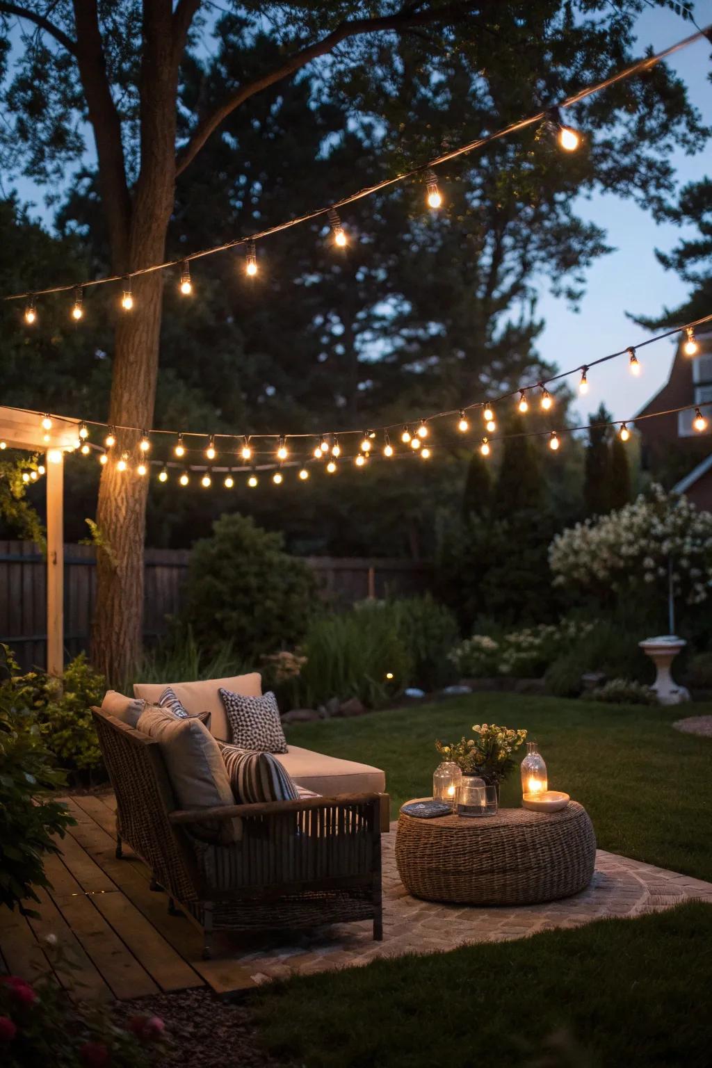 String lights creating an enchanting evening atmosphere in the backyard.