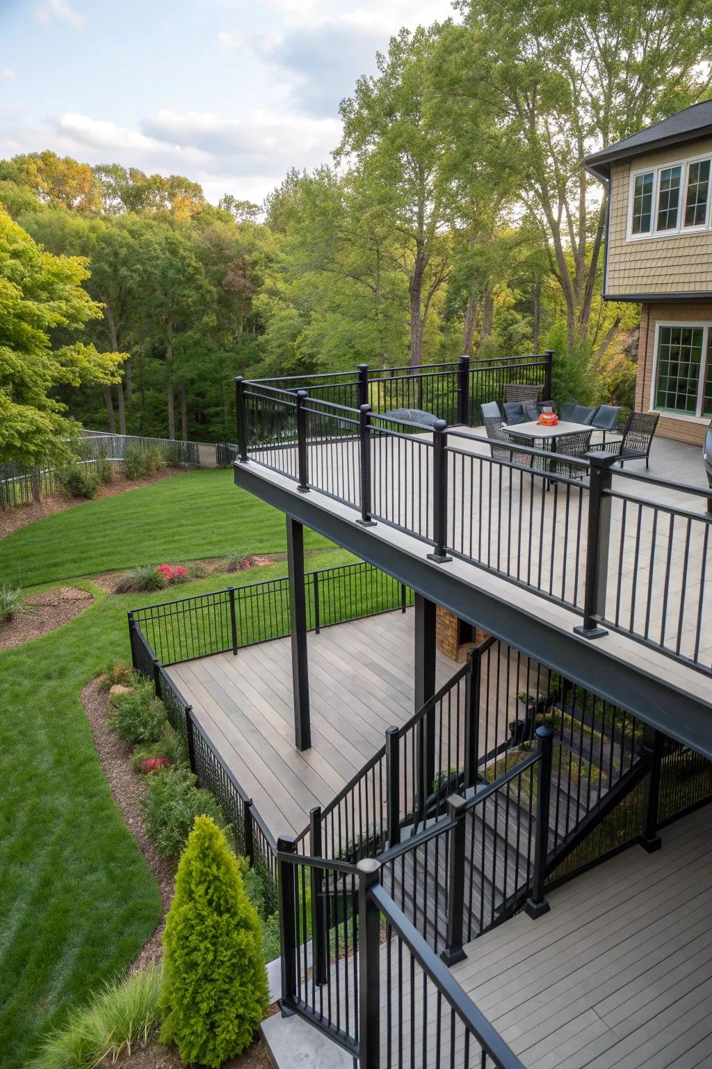 Enhance your deck with stylish black metal railings.