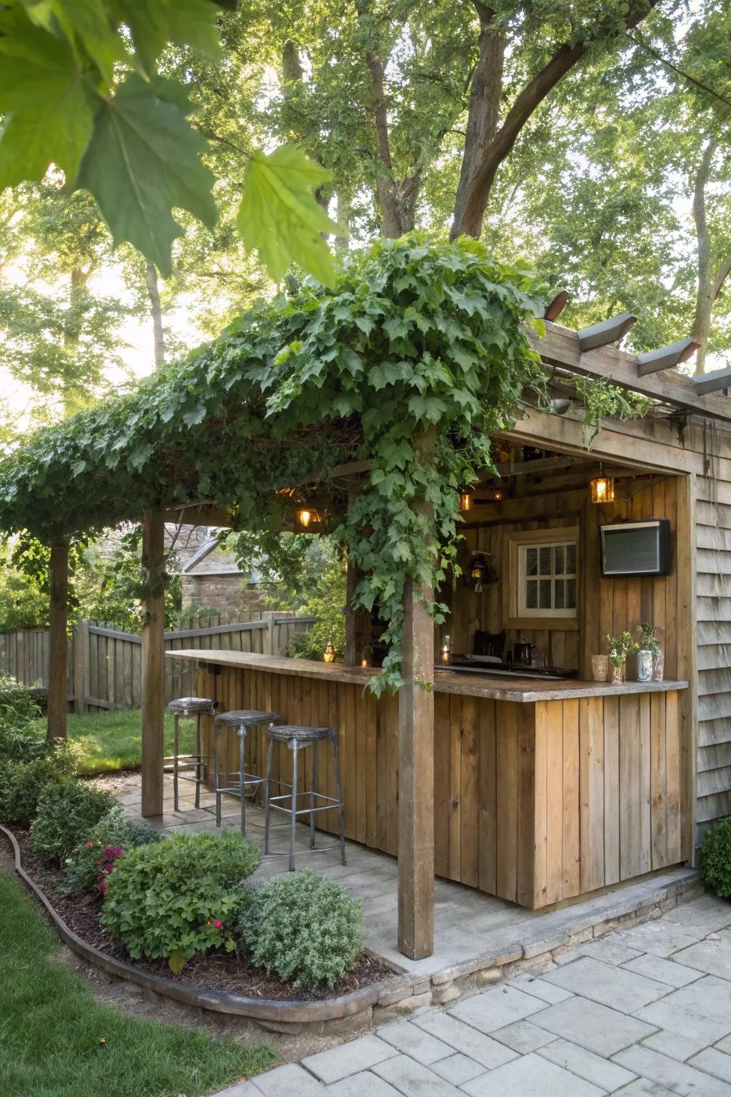 An outdoor oasis bar shed blends seamlessly with its natural surroundings.