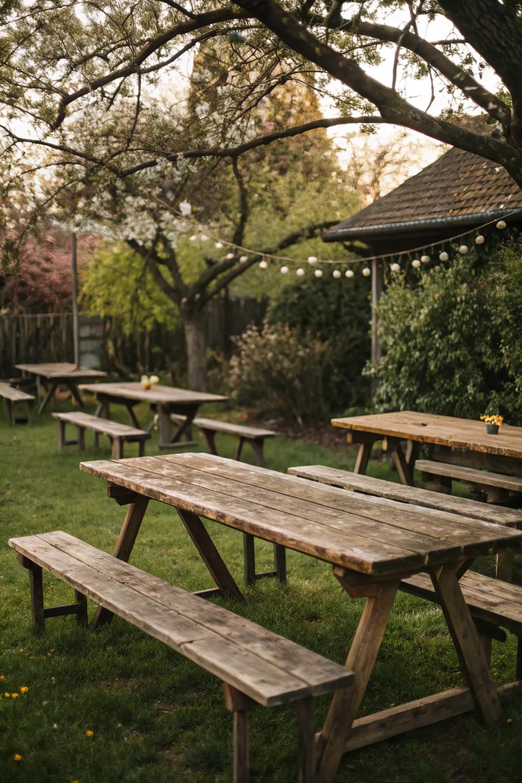 Embrace rustic charm with wooden tables and benches.