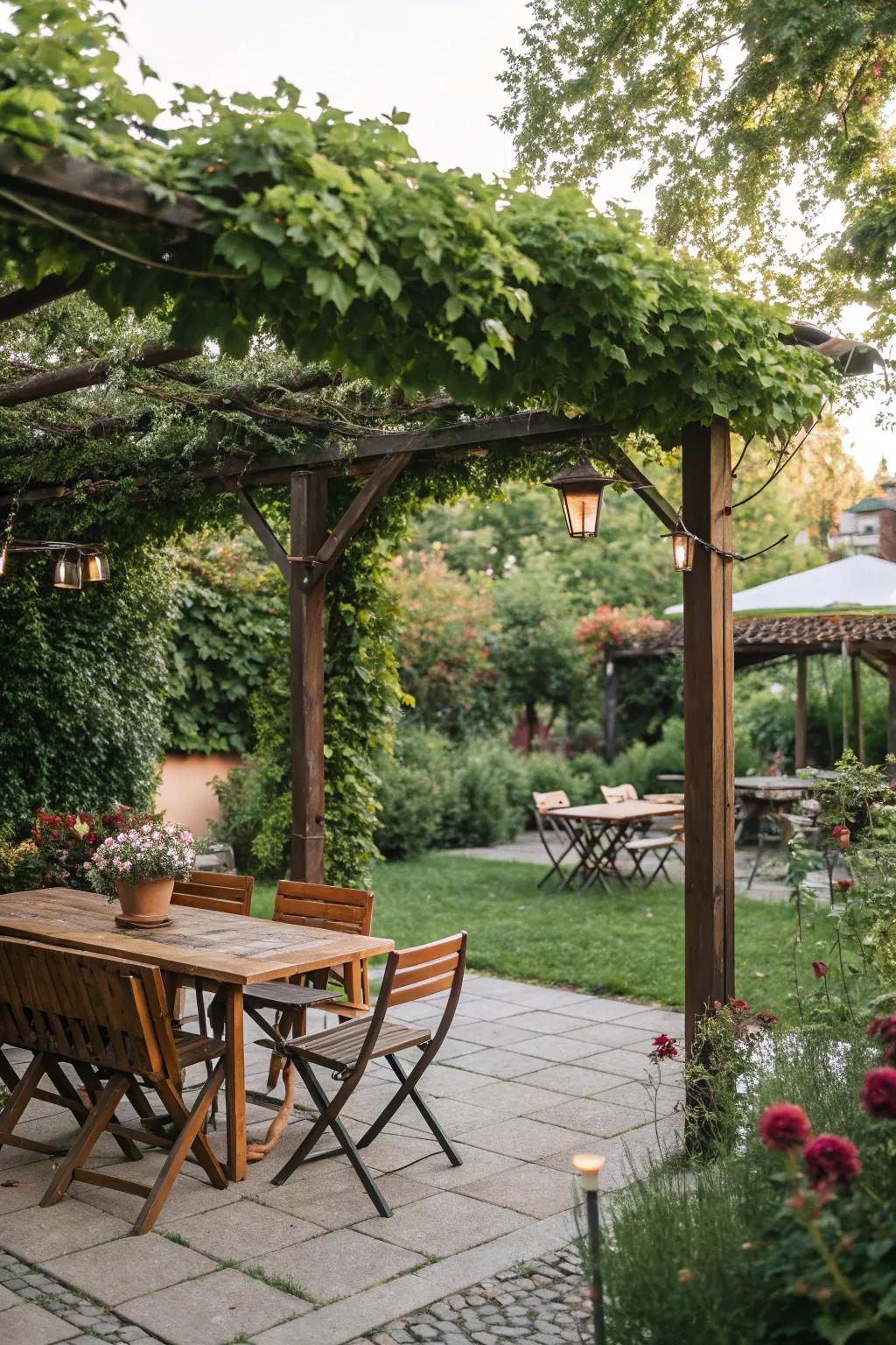 A pergola provides shade and supports lush greenery.