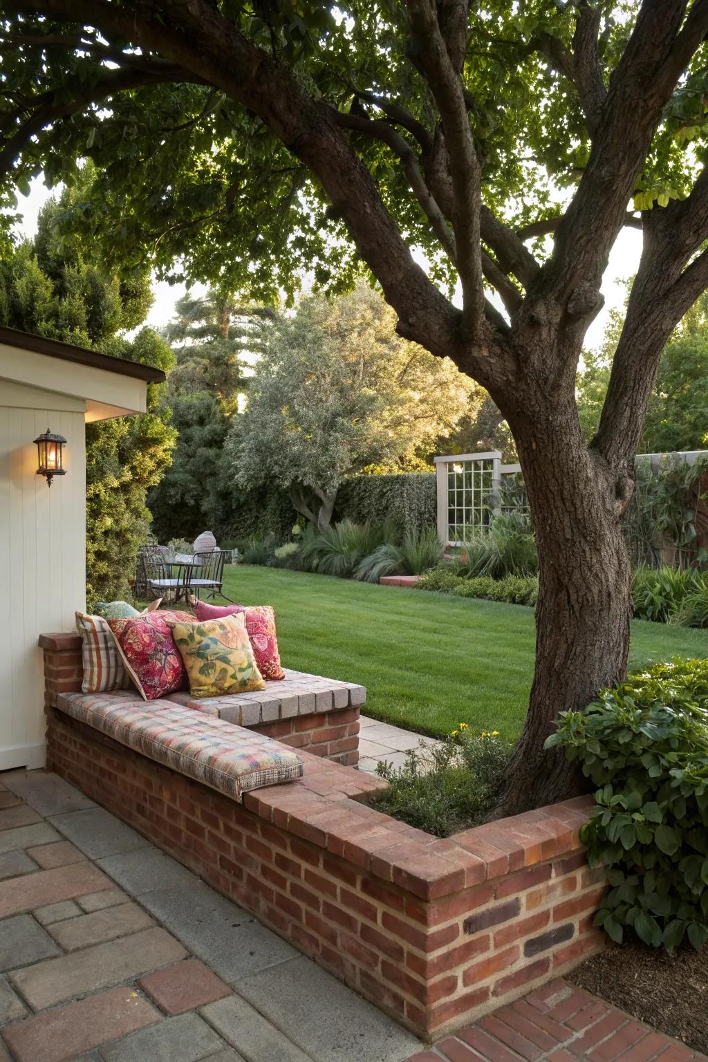 Built-in brick benches offer seating and style.