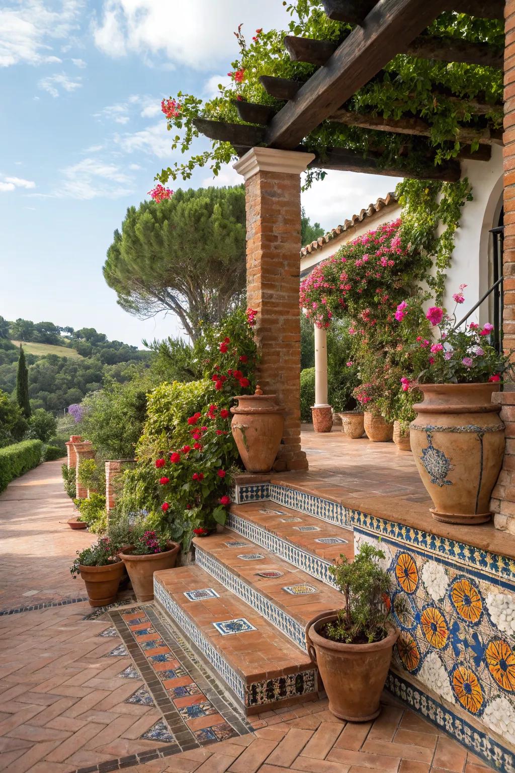 Mediterranean-inspired patios offer warmth and vibrant charm.