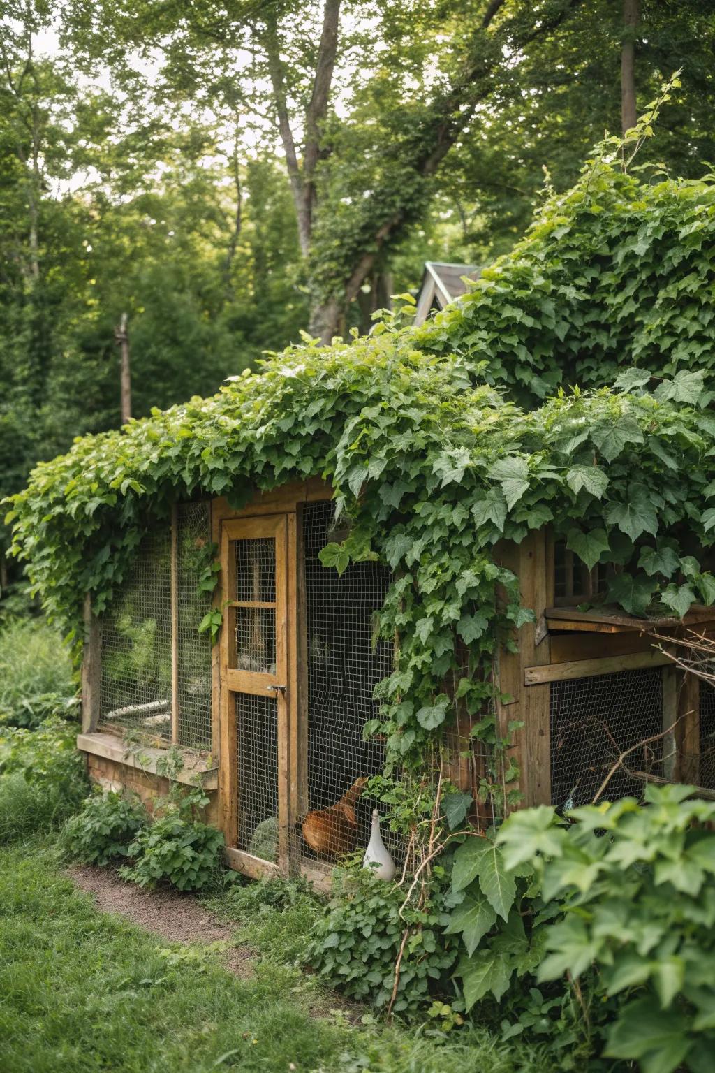 Climbing vines add a fairy-tale charm to this chicken coop.