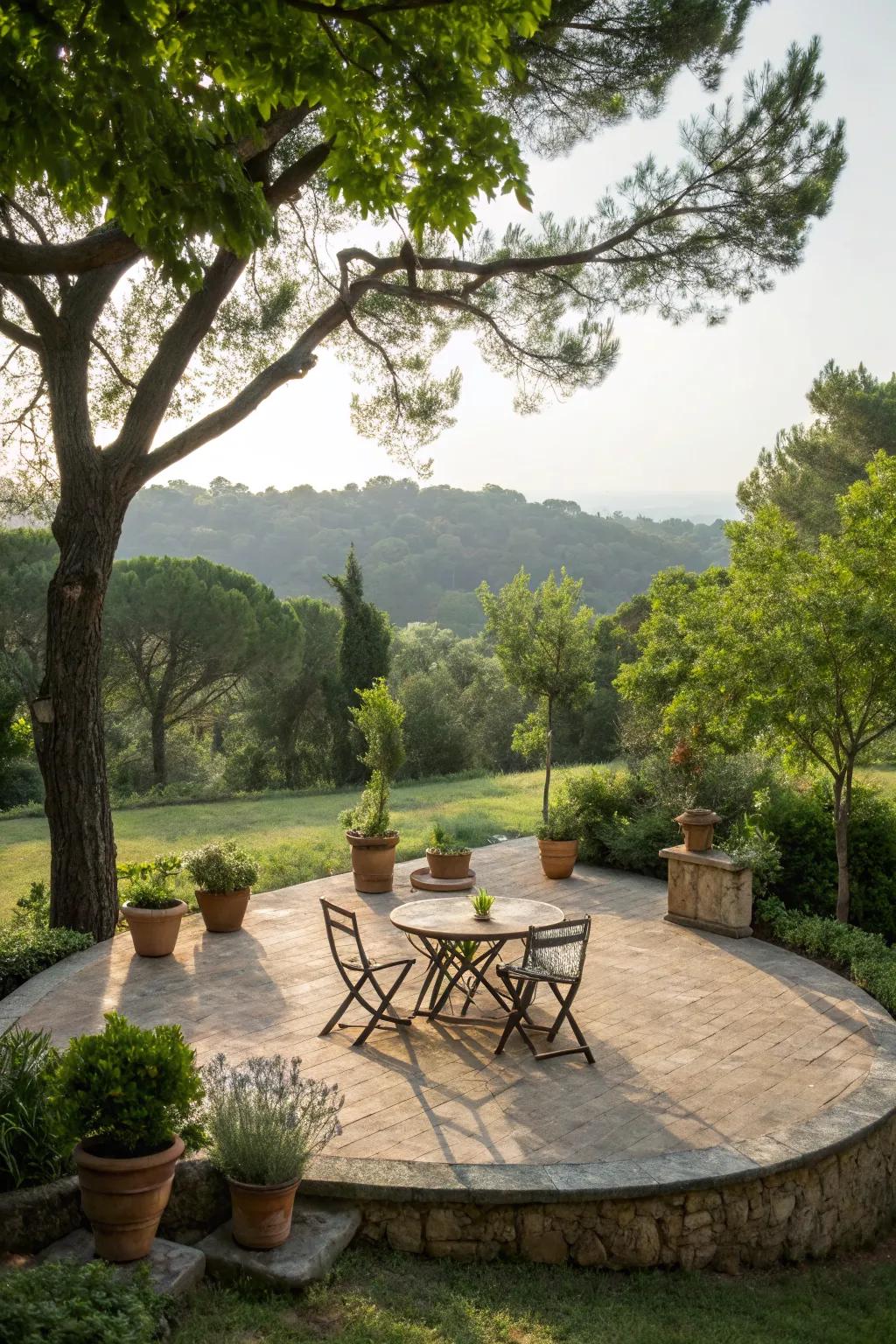 A circular patio embraced by nature, creating a serene setting.