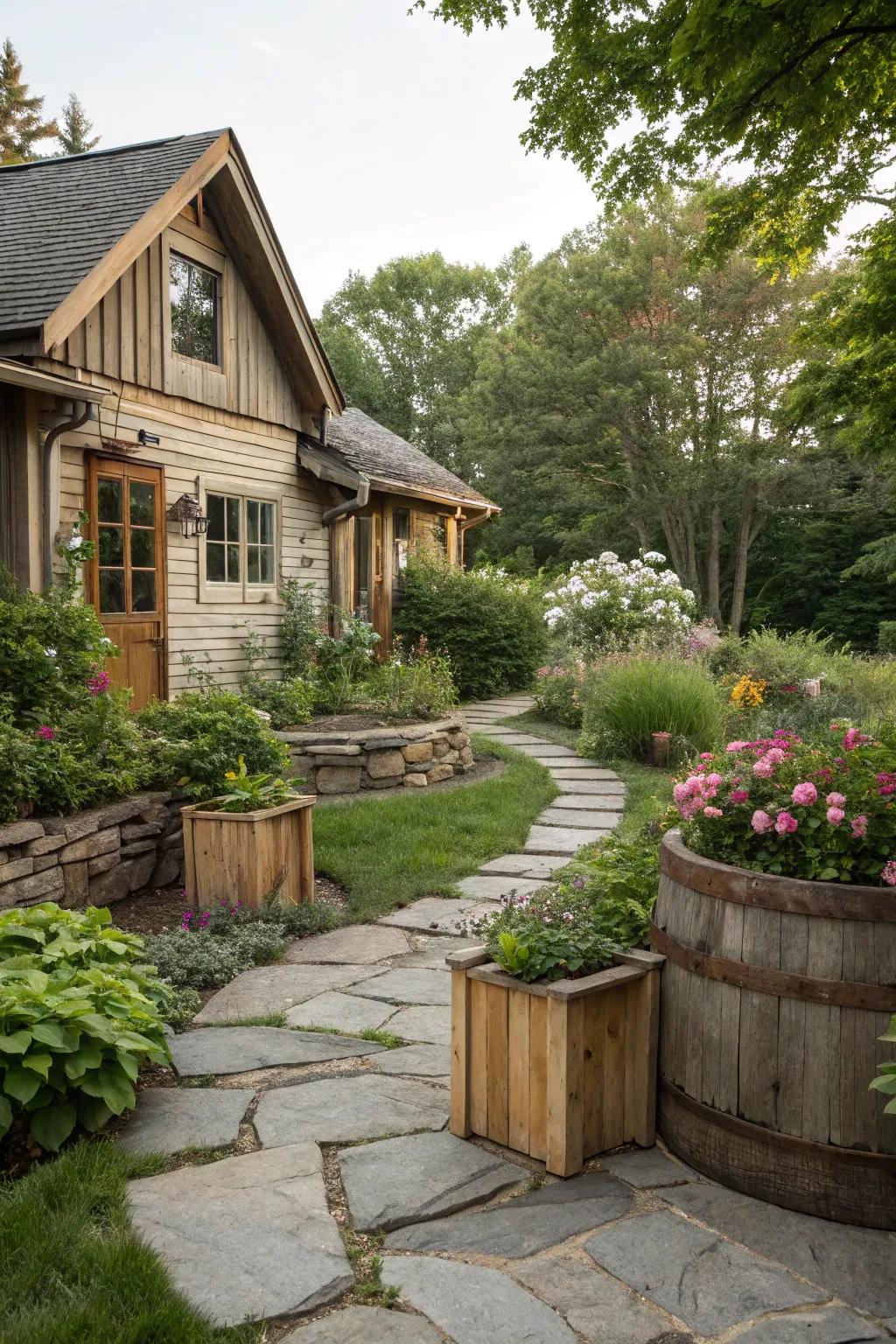 Natural materials like stone and wood enhance the cottage setting.