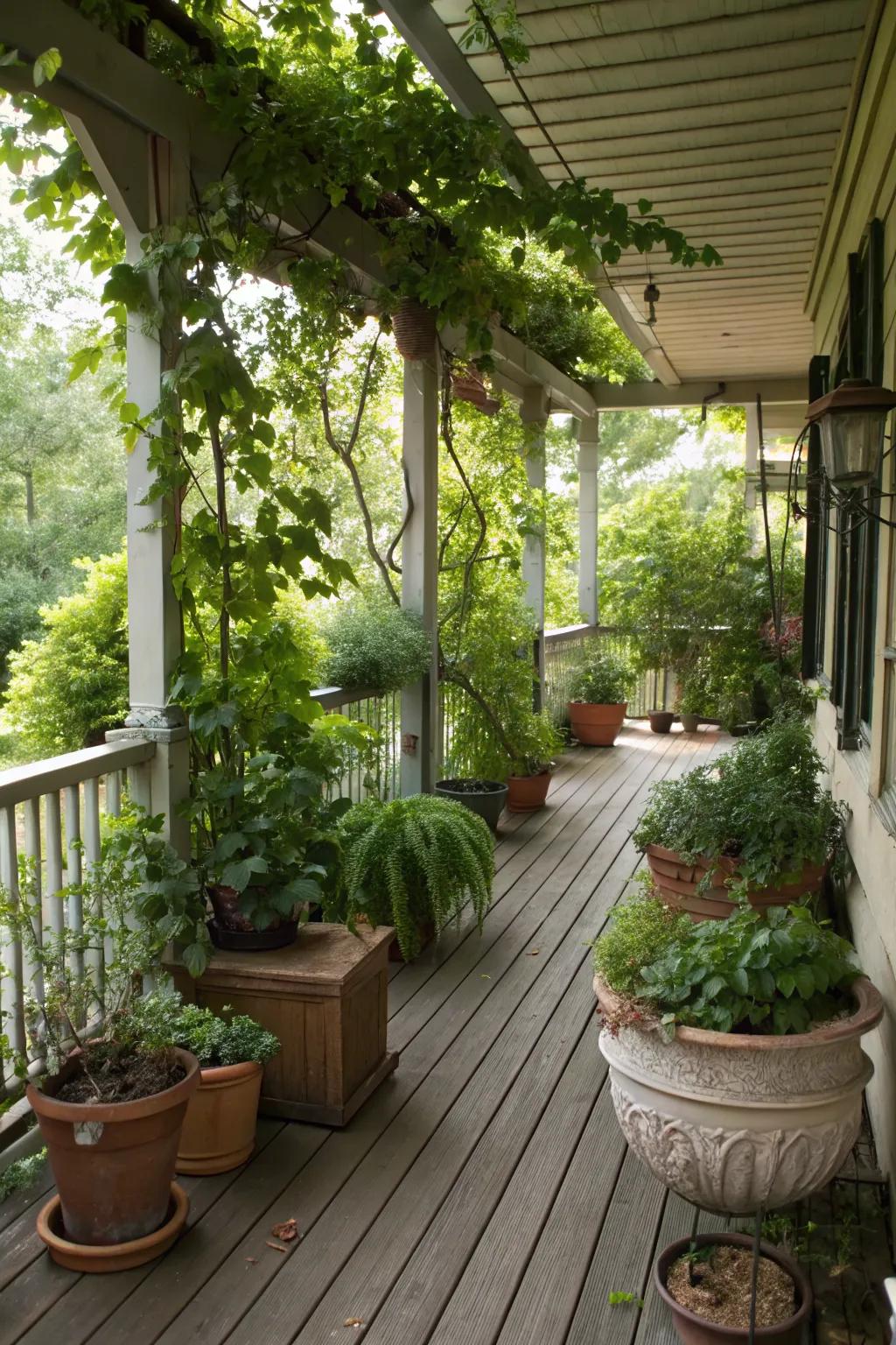 Lush greenery enhancing the natural feel of a covered porch.