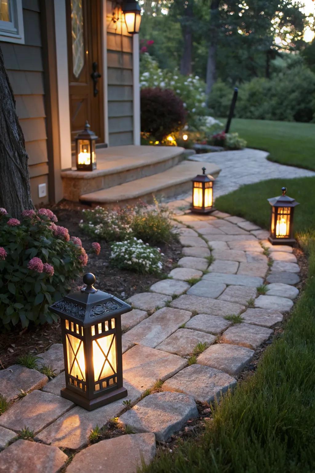 A backyard entrance with ambient lighting and solar lanterns along a stone path.