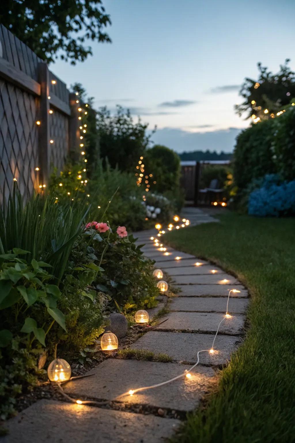 Ambient lighting adds a magical touch to evening garden strolls.