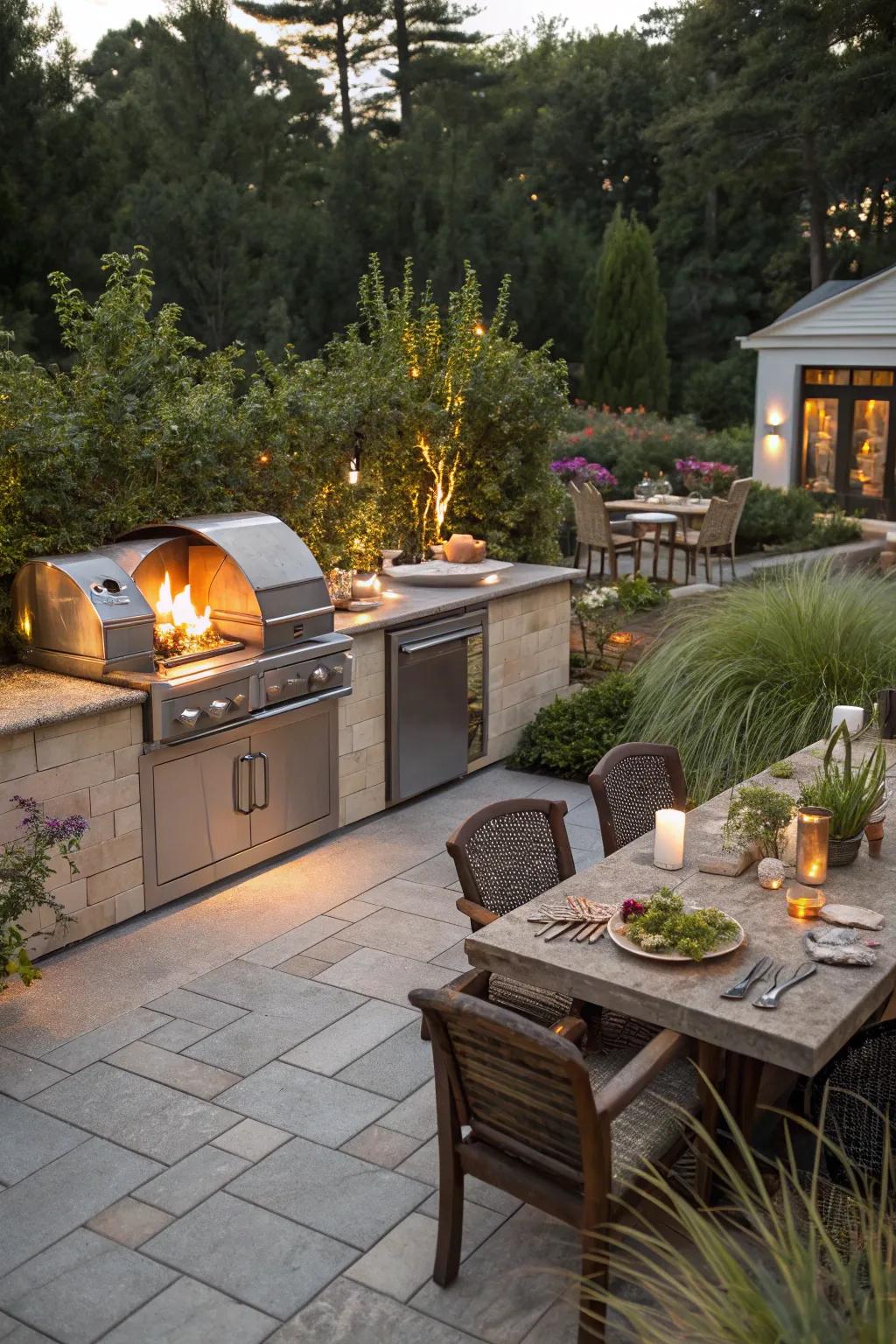 An integrated fire pit and outdoor kitchen is perfect for culinary enthusiasts.
