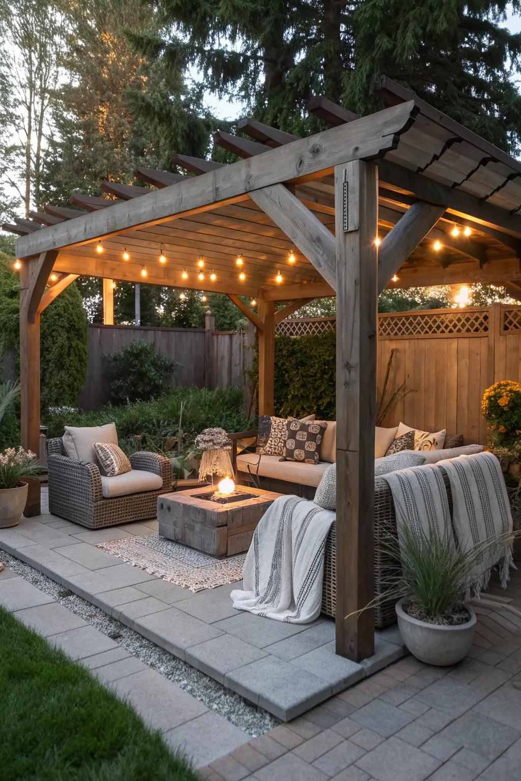 A pergola adds charm and privacy to your fire pit area.