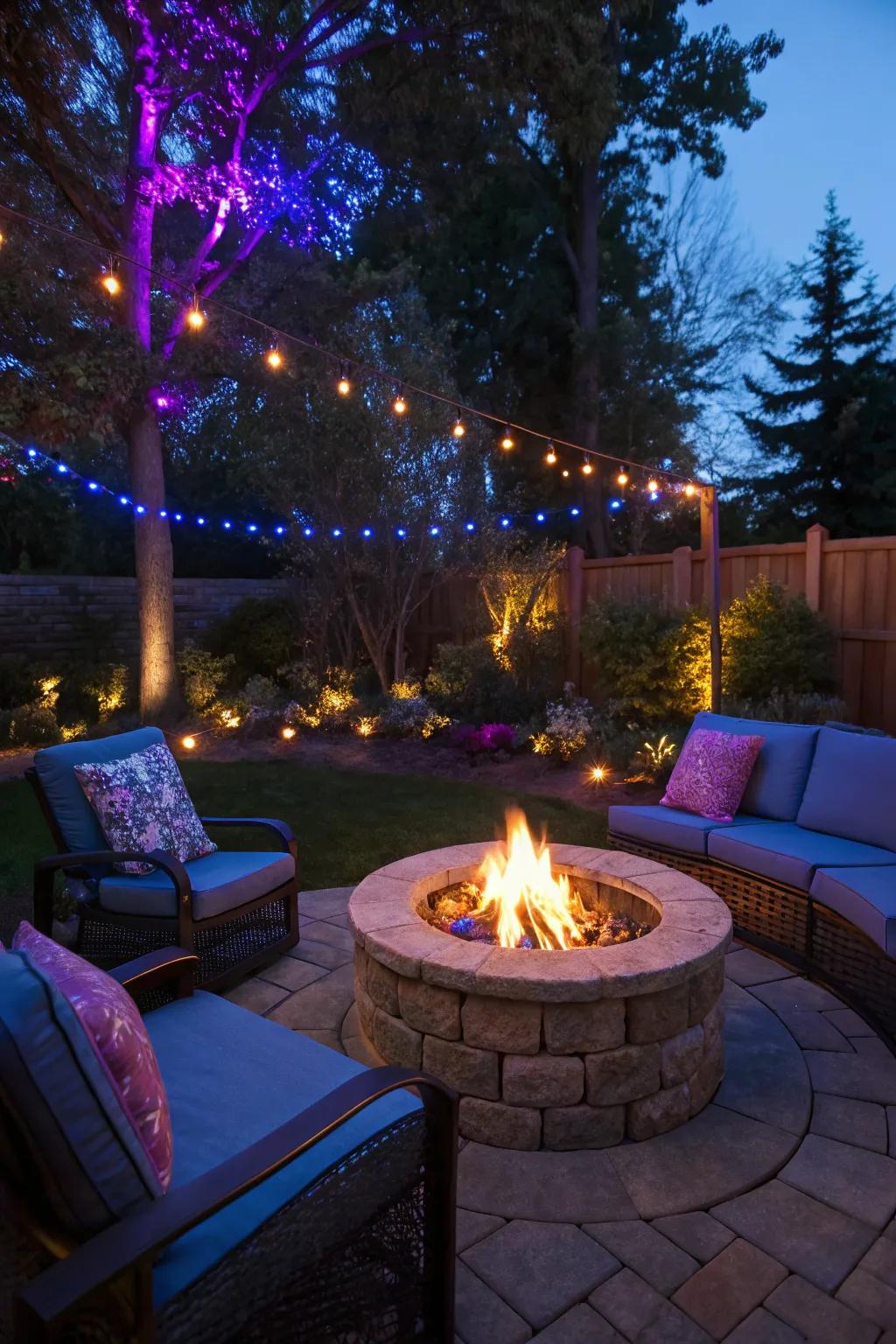 Accent lighting adds a splash of color to your fire pit area.