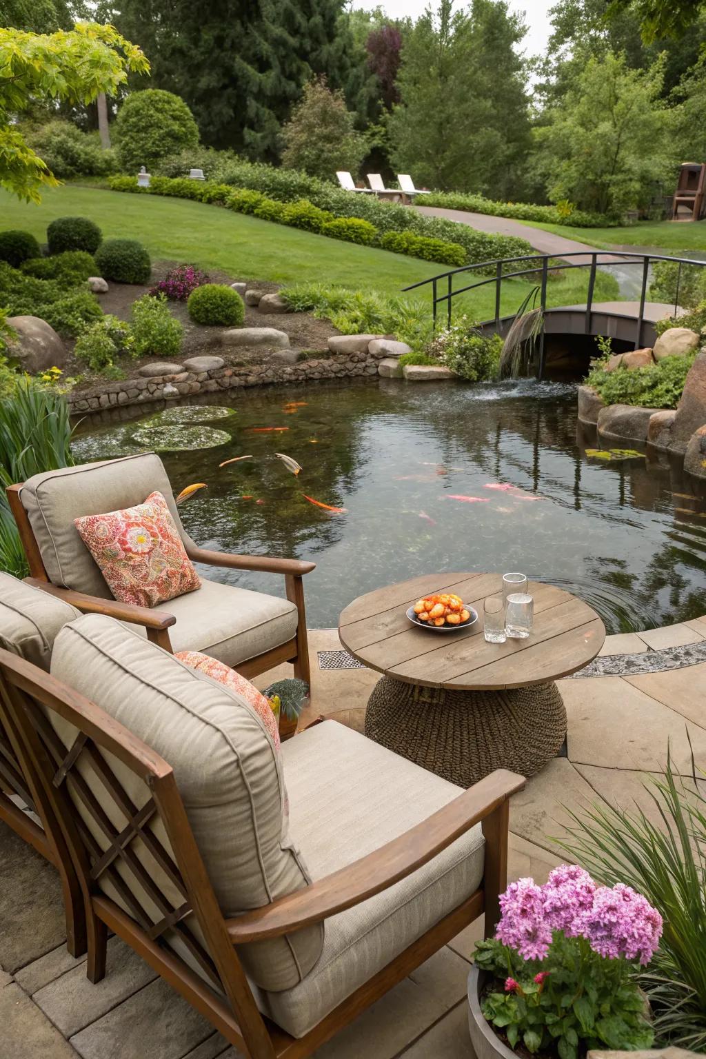 A seating area by the pond creates a perfect relaxation spot.
