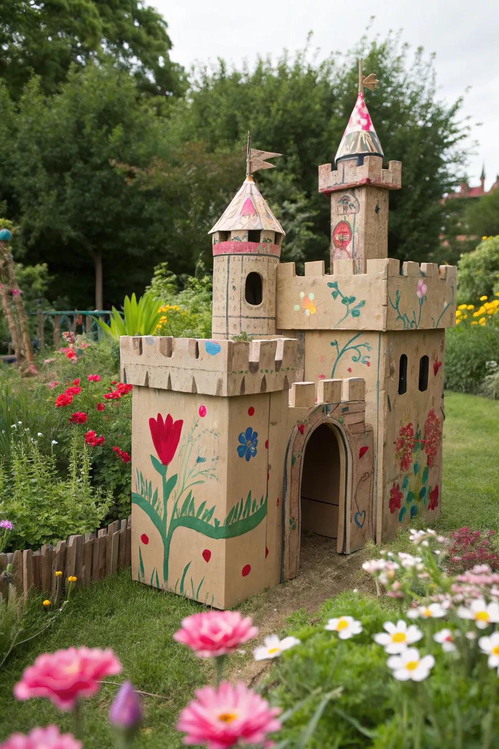 A recycled cardboard castle fort for sustainable play.