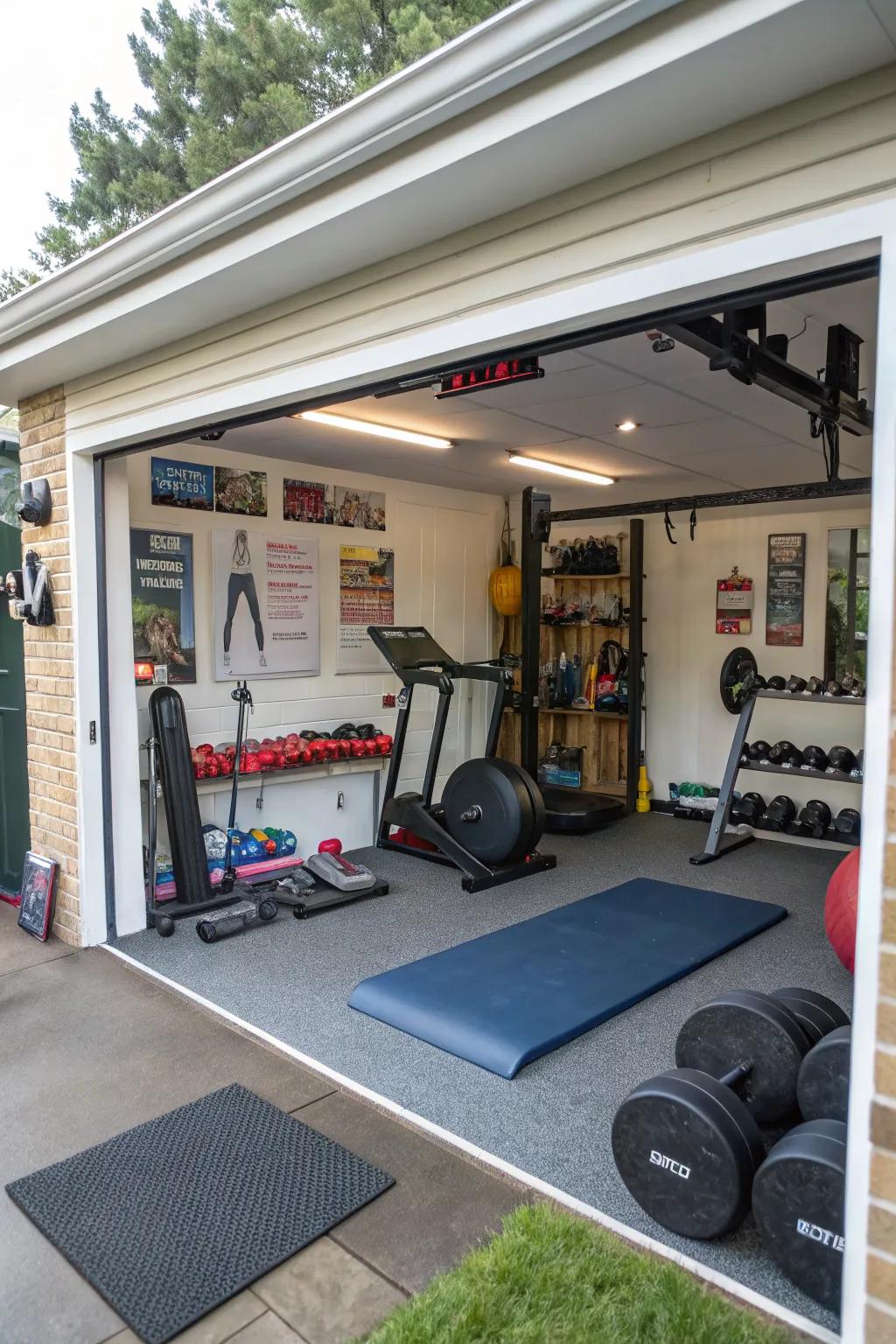 A backyard garage turned into a modern and functional home gym.