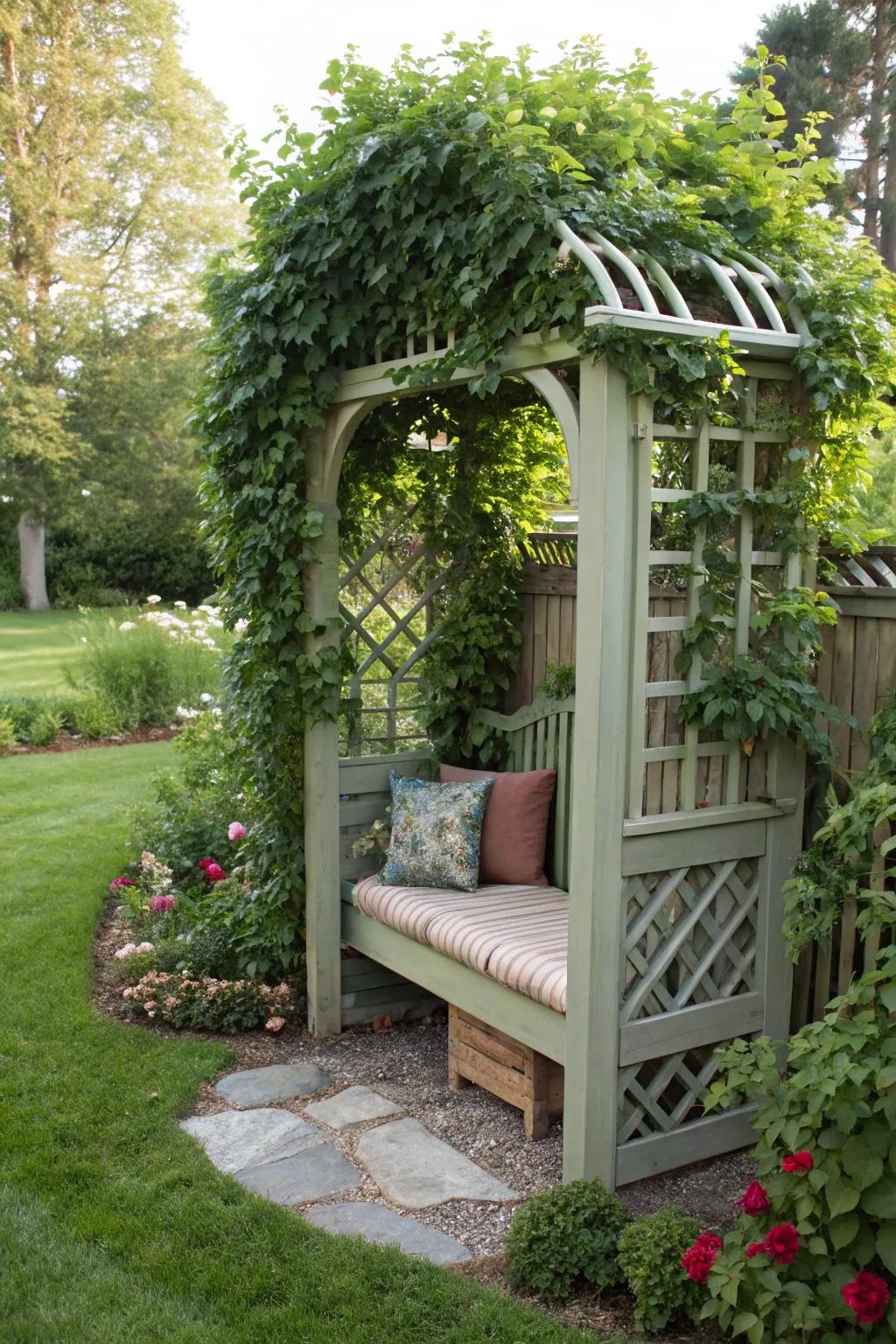 Relax on a bench beneath a charming garden arbor.