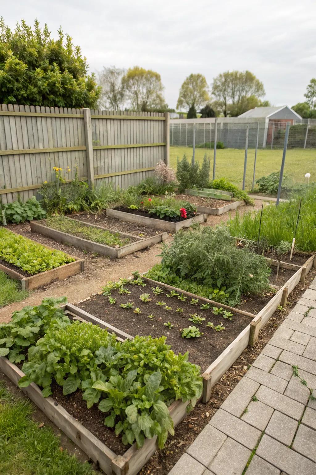 An organized garden layout maximizing space.