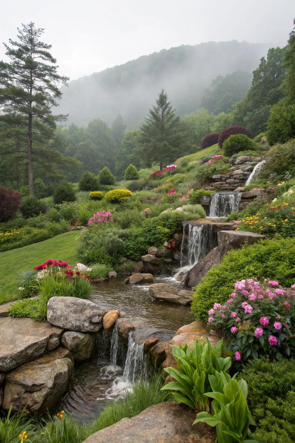 A waterfall brings tranquility and beauty to a hillside garden.