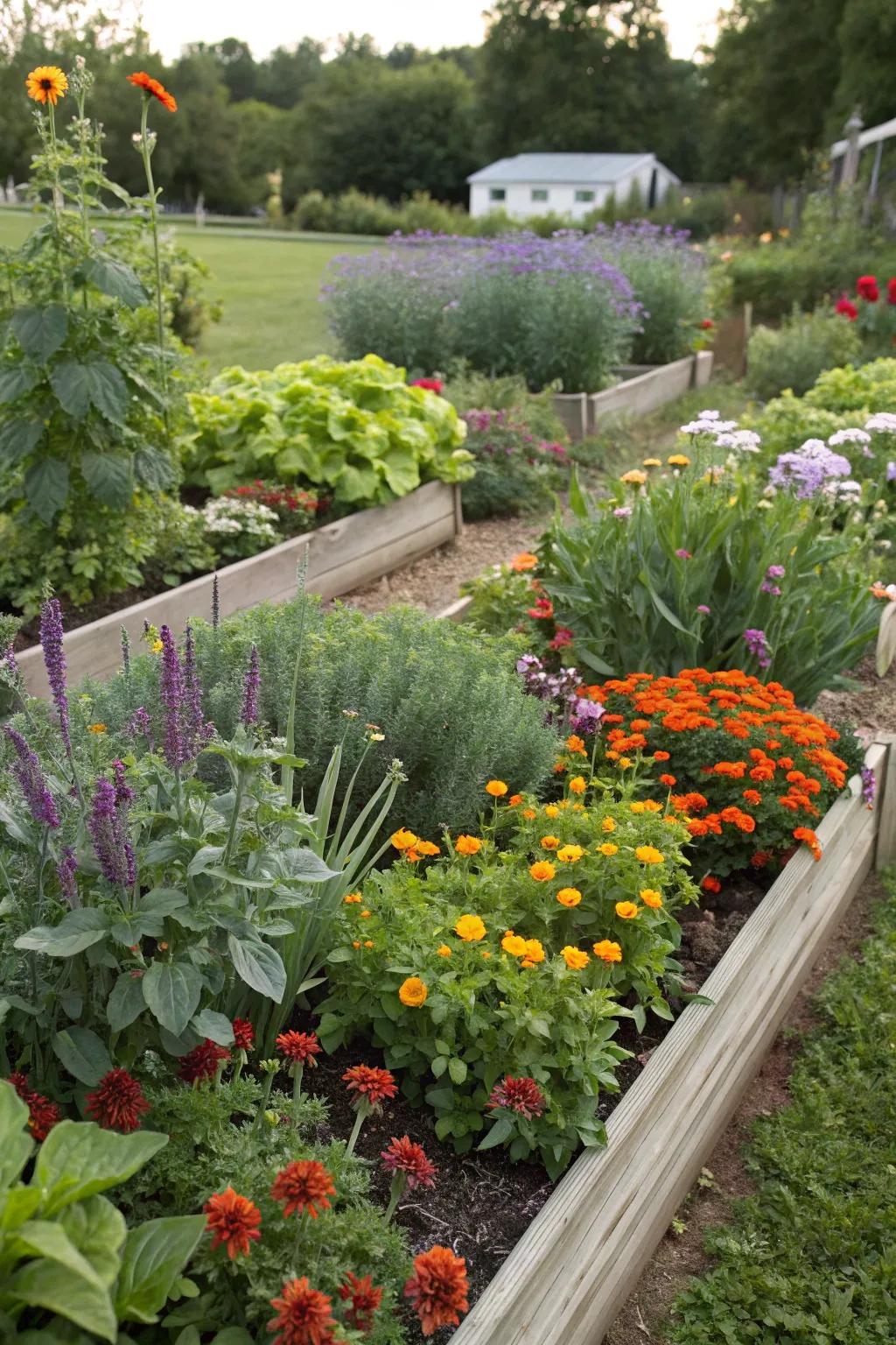 A vibrant mix of flowers and edibles in the garden.
