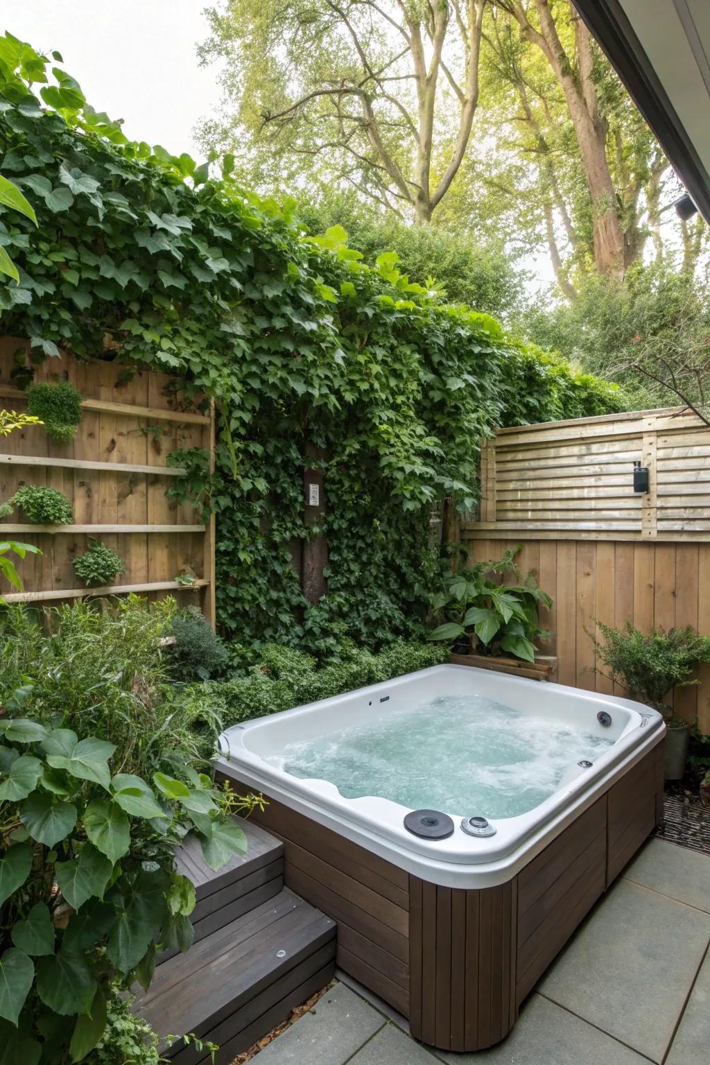 Lush greenery provides privacy and a natural ambience around the hot tub.