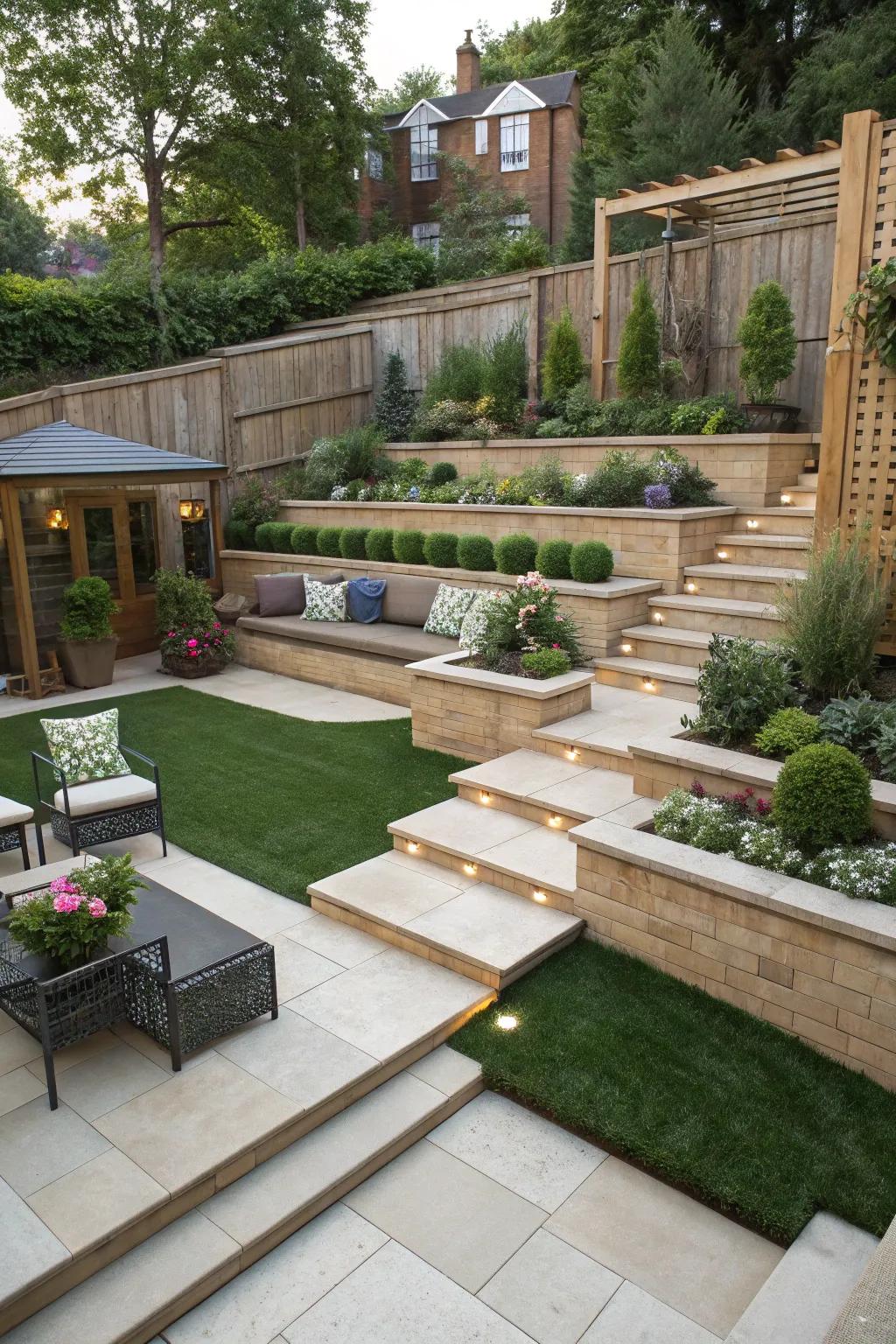Terraced designs add depth and interest to your backyard landscape.
