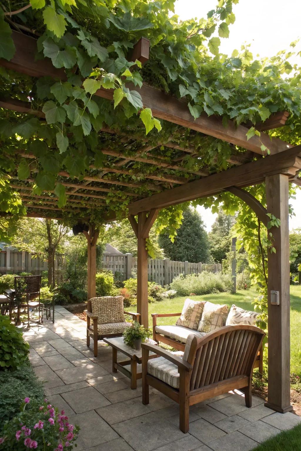 A pergola with climbing vines offers shade and beauty.