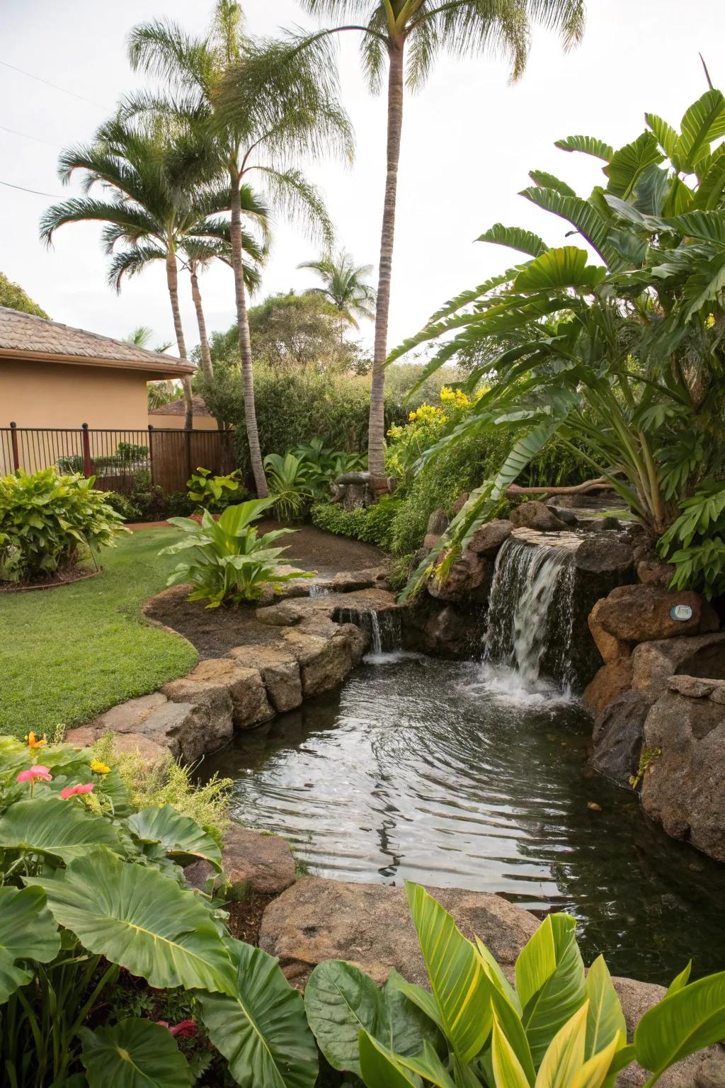 Enhance tranquility with a small pond or waterfall in your backyard jungle.