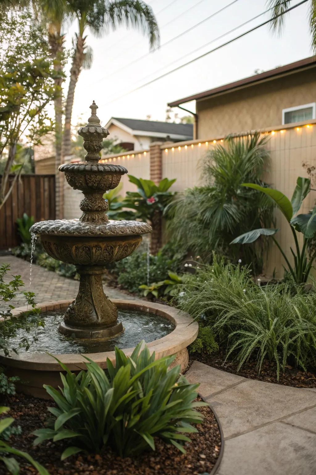 A water feature adds tranquility and sound privacy to your backyard.