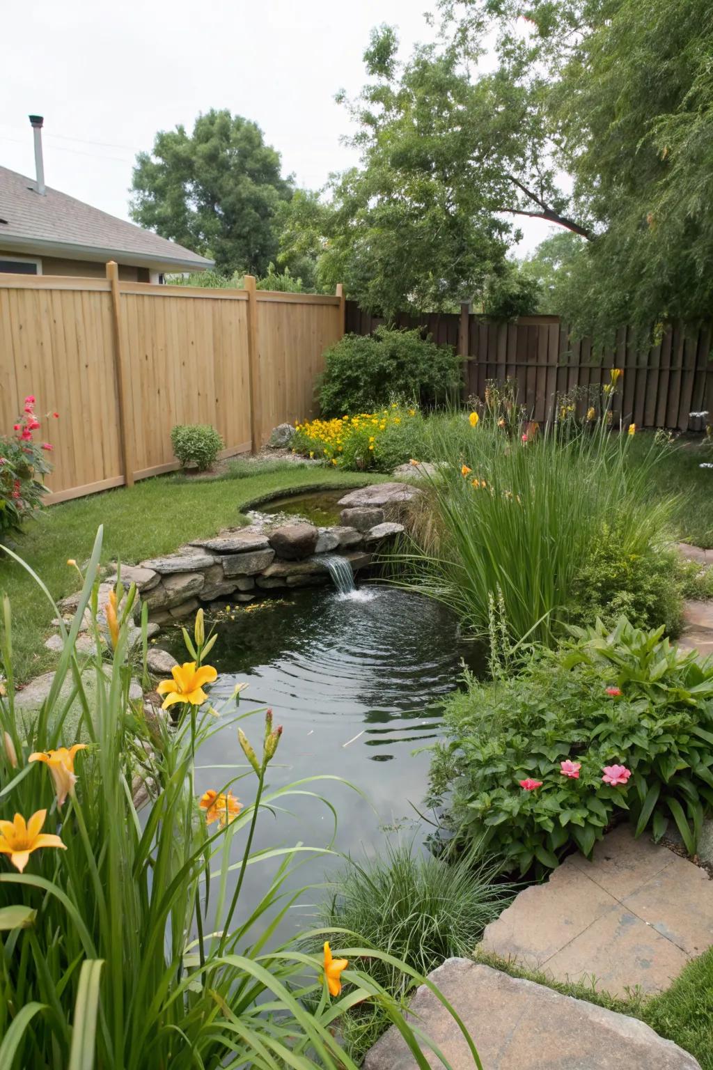 A tranquil water feature nestled in a backyard.