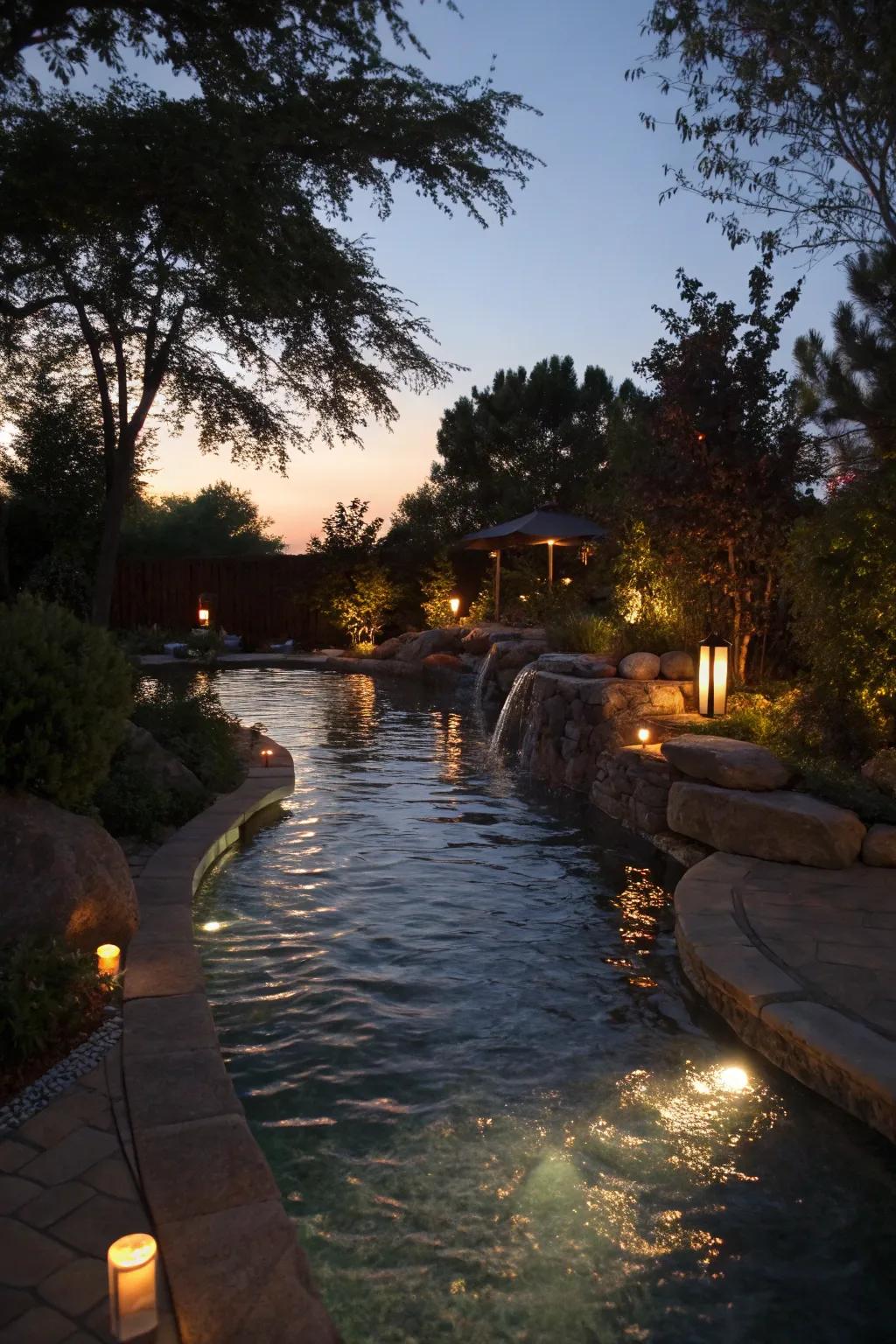Underwater lighting creates a magical ambiance for nighttime use.