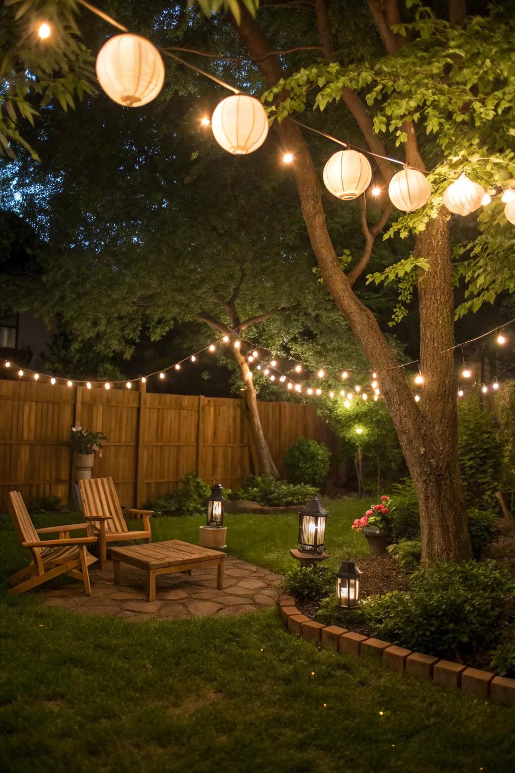 Ambient lighting turning a backyard into a cozy retreat.
