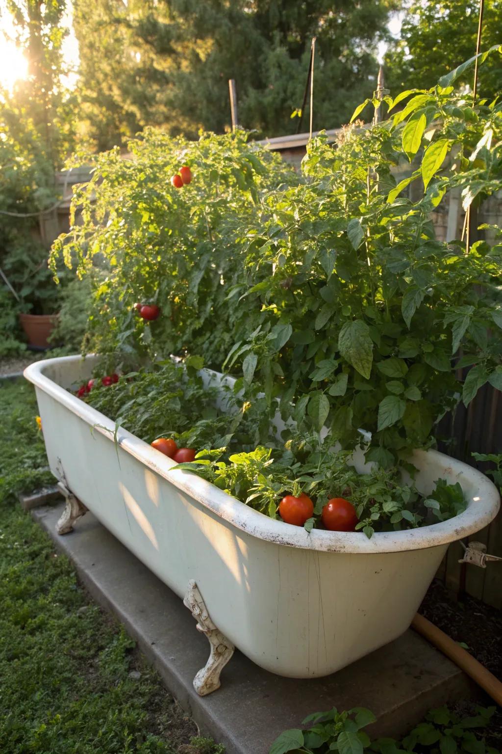 A vintage bathtub turned into a productive vegetable garden.