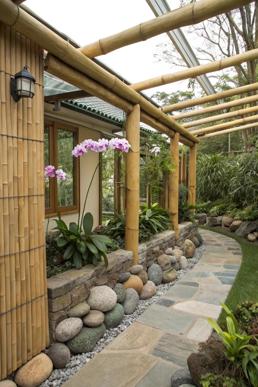 Natural materials enhancing the orchid house aesthetic.